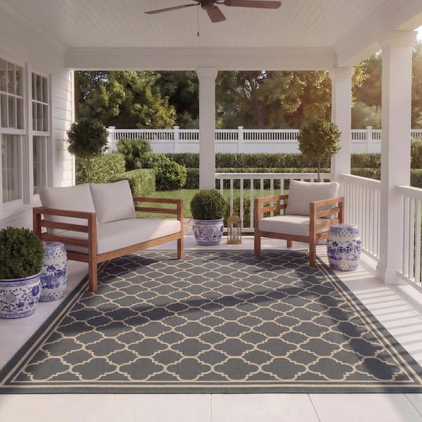 Courtyard Anthracite/Beige 8 ft. x 11 ft. Geometric Indoor/Outdoor Patio  Area Rug