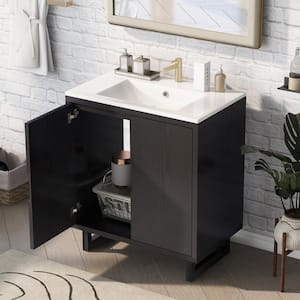 29.5 in. W x 18.1 in. D x 35.1 in. H Freestanding Single Sink Bath Vanity in Black with White Resin Top and with 2-Doors