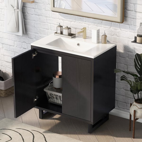 Unbranded 29.5 in. W x 18.1 in. D x 35.1 in. H Freestanding Single Sink Bath Vanity in Black with White Resin Top and with 2-Doors