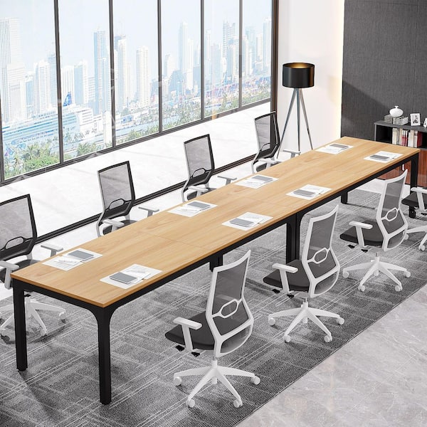 Moroni 78.7 in. Oak and Black Wood Computer Desk, Rectangular Conference Table Seminar Table for 6-8 People, 2-Pieces