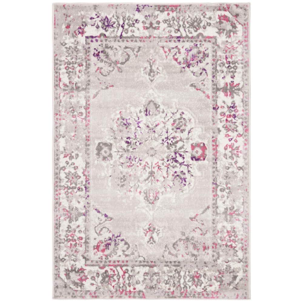 Grey and Pink Floral Synthetic 4' x 6' Area Rug