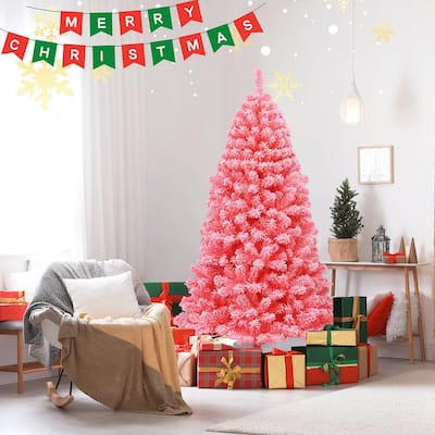 6.5 ft. Pink Snow Flocked Hinged Artificial Christmas Tree with Metal Stand
