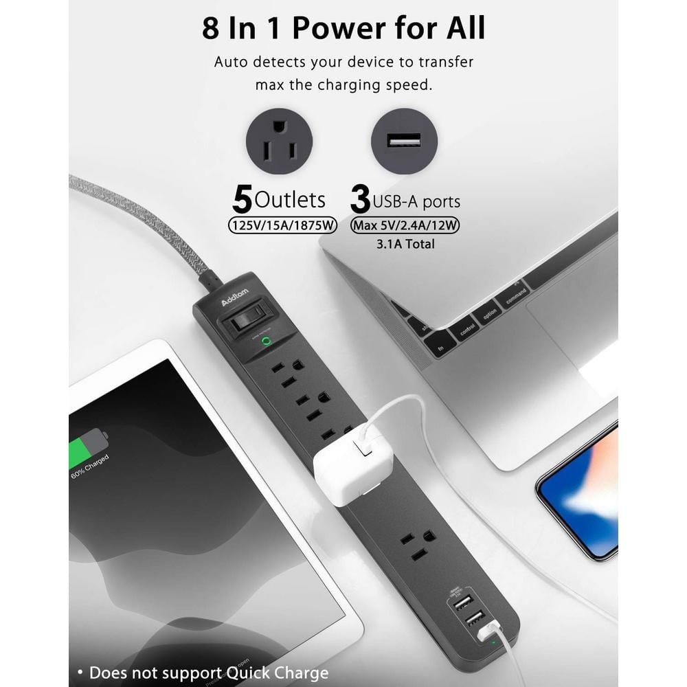 Black 6-Foot 5-Outlet Power Strip with USB Ports, 2-Pack