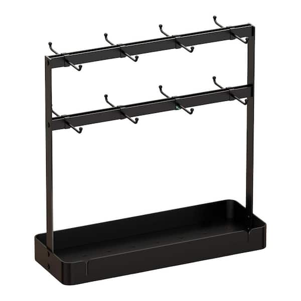 16-Hook Black Metal Coffee Mug Holder 2 Tier Countertop Rack with Storage Shelf and Movable Hooks for Kitchen