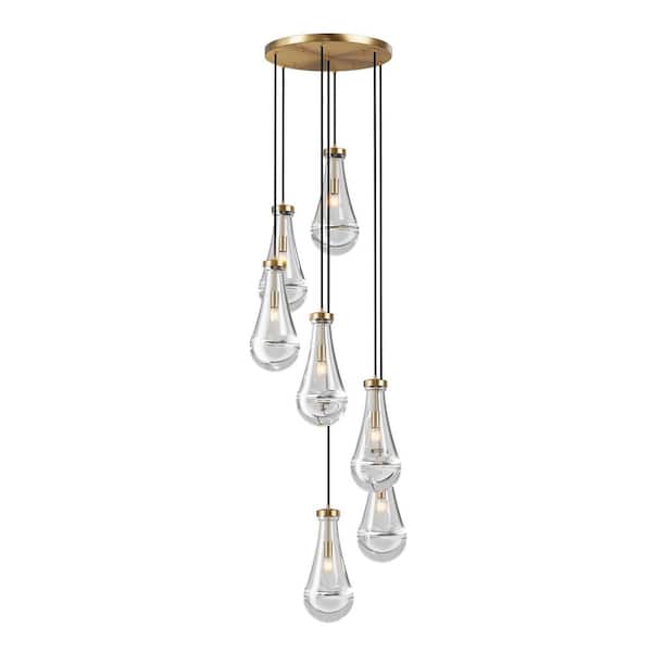 17.7 in. 7-Light Gold Raindrop Chandelier Adjustable Cluster Pendant Light with Clear Glass Shade, No Bulbs Included