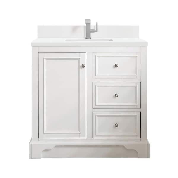James Martin Vanities De Soto 37.3 in. W x 23.5 in. D x 36.3 in. H Single Vanity in Bright White with White Zeus Quartz Top
