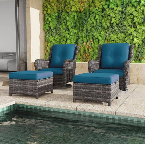Gray 5-Piece Wicker Patio Conversation Set with Blue Cushions