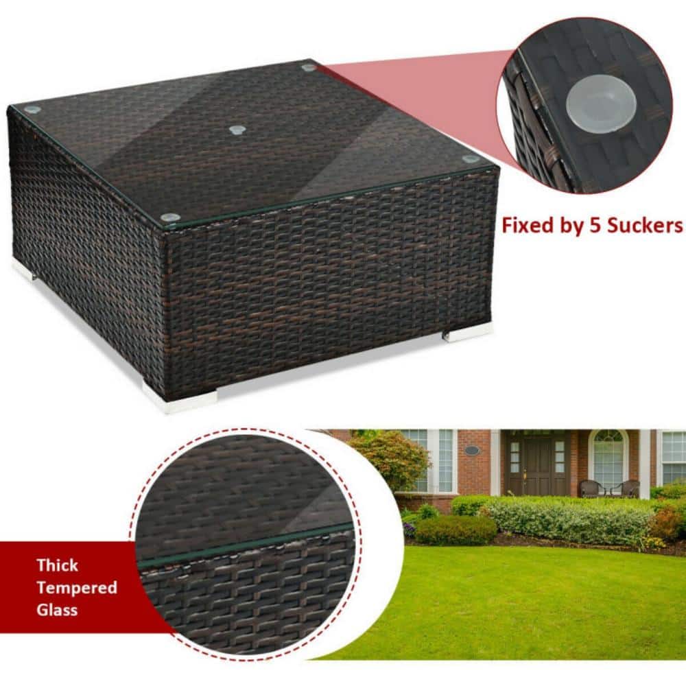 5-Piece Red Cushioned Rattan Patio Furniture Set with Ottoman