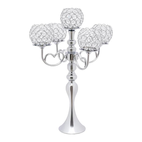 YIYIBYUS 21.5 in. H Silver 5 Arms Crystal Candle Holder Wedding Dining Coffee Table Decor Tabletop Centerpiece (2-Pack)