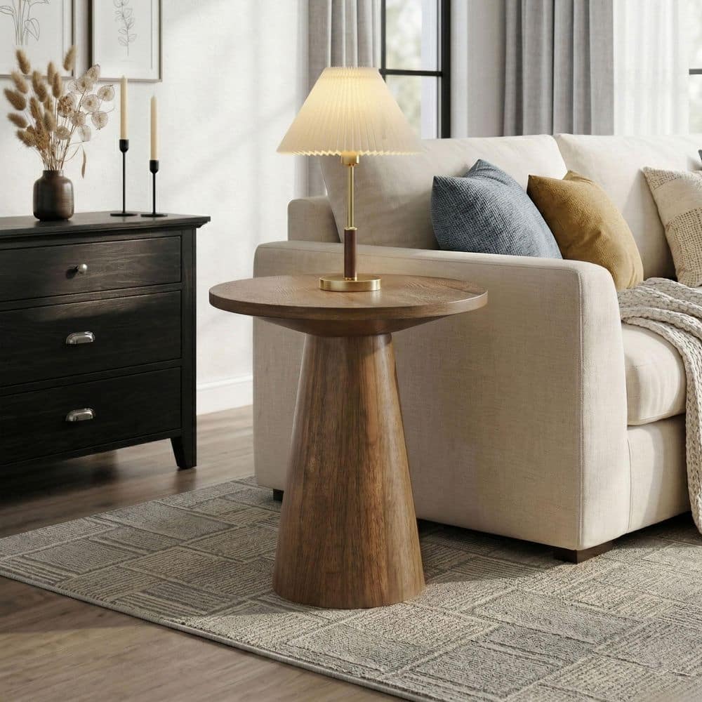 Leander 20 in. Walnut Round Wood End Table with Cone-Shaped Pedestal Base