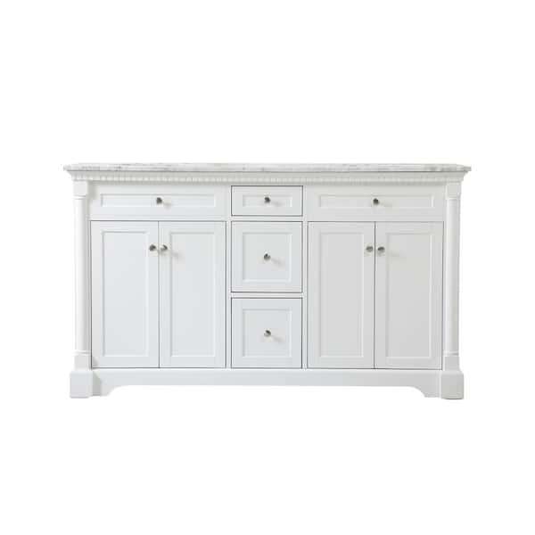 Unbranded Simply Living 60 in. W x 21.5 in. D x 35 in. H Bath Vanity in White with Carrara White Marble Top