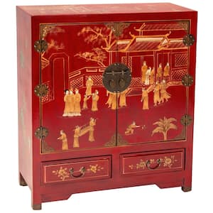 37 in. H x 33 in. W 12-Pair Red Lacquered Wood Landscape Shoe Storage Cabinet