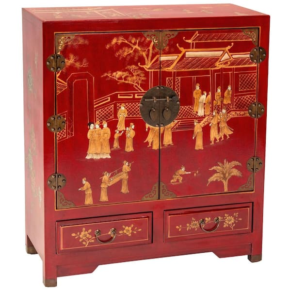 Oriental Furniture 37 in. H x 33 in. W 12-Pair Red Lacquered Wood Landscape Shoe Storage Cabinet