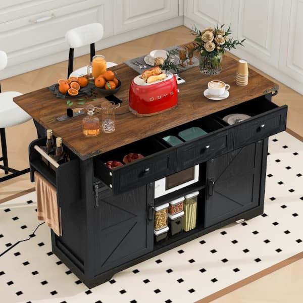 Unbranded Black Wood Particle Board 53.7 in. W Farmhouse Foldable Drop Leaf Kitchen Island with Power Outlet, 2-Sliding Barn Door