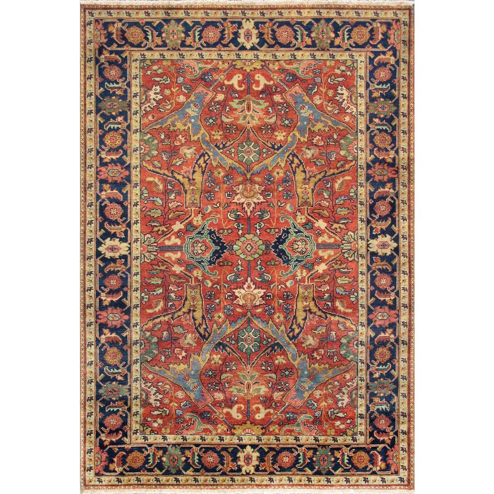 Pasargad Home Mahal Rust/Navy 6 ft. x 9 ft. Floral Lamb's Wool Area Rug, Red -  P-1 6X9