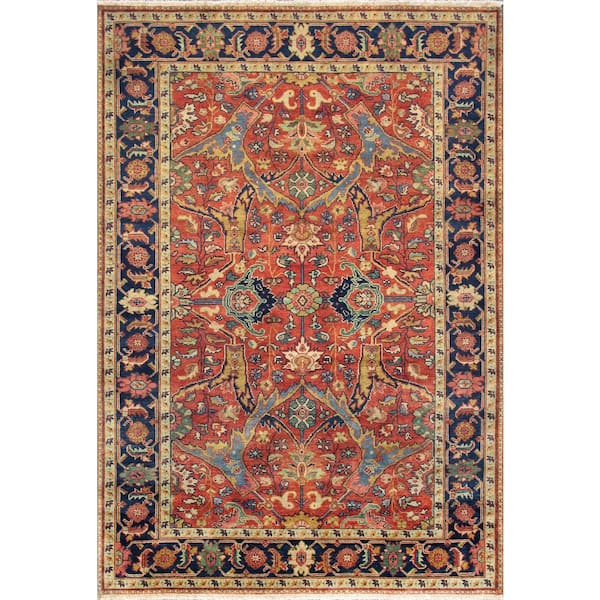 Pasargad Home Mahal Rust/Navy 6 ft. x 9 ft. Floral Lamb's Wool Area Rug