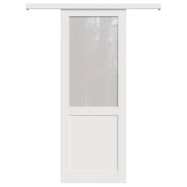 EH PUERTA 36 in. x 96 in. Hidden Track Style 1/2 Lite Frosted Glass White Primed MDF Sliding Barn Door with Hardware Kit