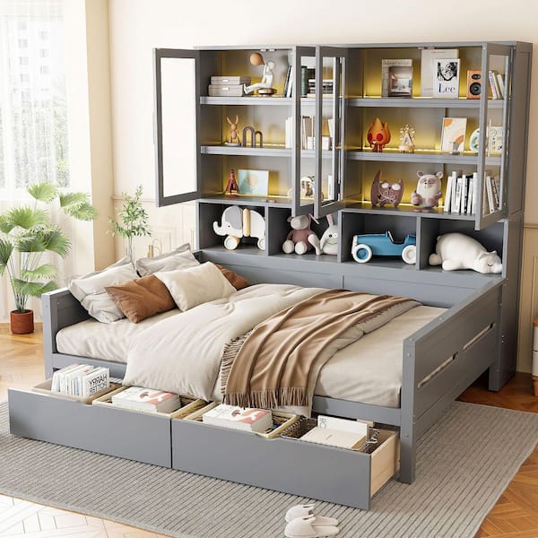 Gray Full Size Daybed with 2 Drawers, Built-in LED Lighting and Storage Cabinets