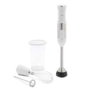 Variable-Speed Electric Handheld Stick Immersion Blender in White with Frother, Whisk, Measuring Cup and Lid