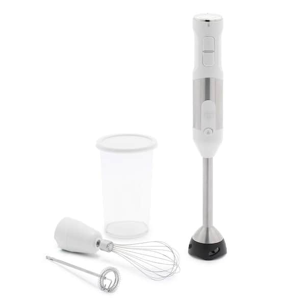 GreenLife Variable-Speed Electric Handheld Stick Immersion Blender in White with Frother, Whisk, Measuring Cup and Lid