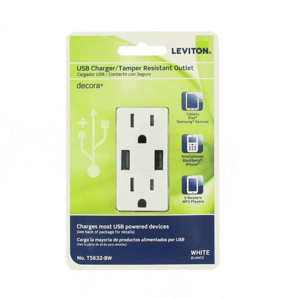 White Tamper Resistant Duplex Outlet with USB Ports