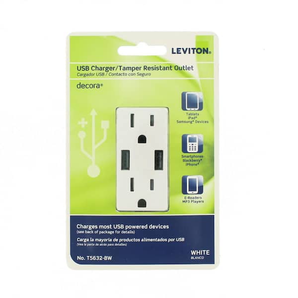 Leviton 3.6A USB Dual Type A In-Wall Charger with 15 Amp Tamper-Resistant Outlets, White Leviton 3.6A USB Dual Type A In-Wall Charger with 15 Amp Tamper-Resistant Outlets, White