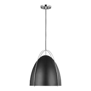 Norman 1-Light Chrome Modern Industrial Pendant with Black Metal Shade and Dimmable LED Blub
