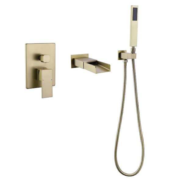 Maincraft 2-Handle Wall-Mount Roman Bathtub Faucet with Hand Shower in Brushed Gold