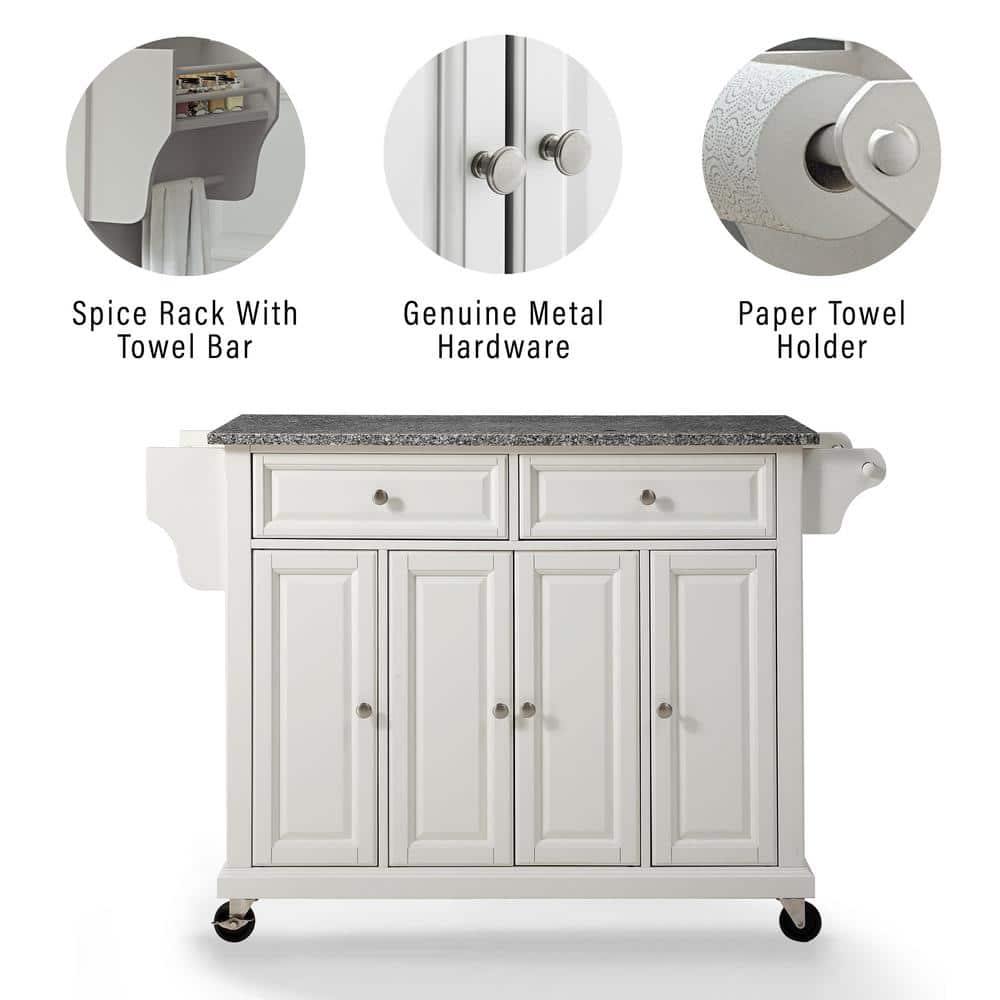 White Granite Top Kitchen Cart with Storage and Spice Rack