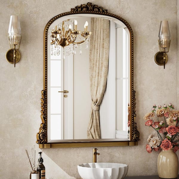 XRAMFY Antique Gold 24 in. W x 32 in. H Arched Modern Polyurethane Framed with Decoration Antique Vanity Mirror Wall Mirror