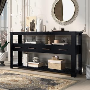 62.2 in. Rectangle Wood Black Modern Console Table Sofa Table with 4-Drawers and 2-Shelves for Living Room