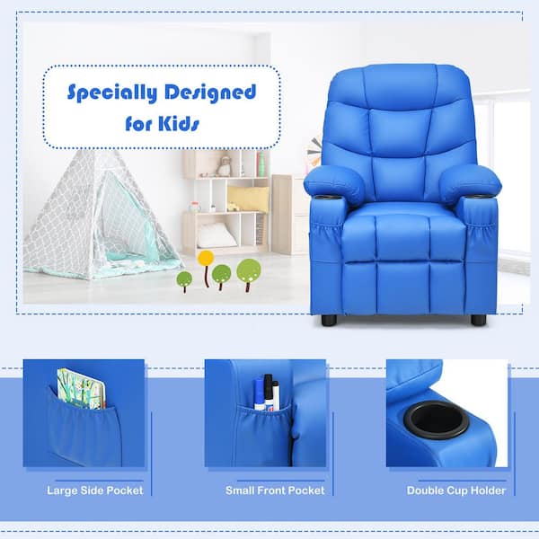 Kids Recliner Chair with Side Pockets and Footrest Blue