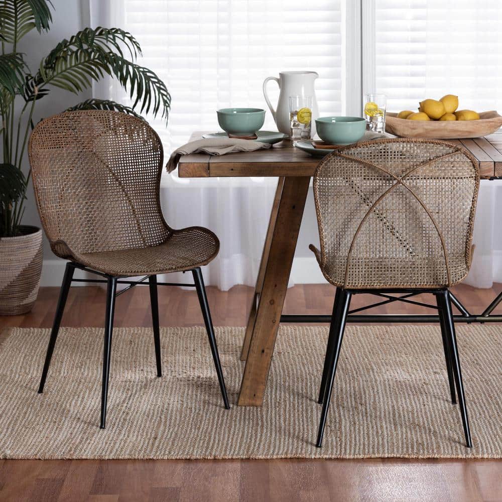 Sabelle Graywashed Rattan and Black Metal Dining Chair Set