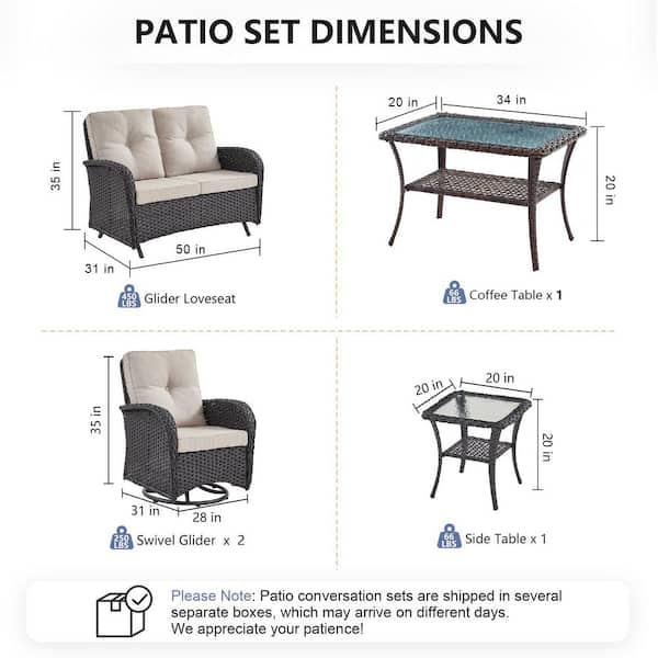 SleekArm 5-Piece Black Wicker Patio Conversation Set with Olefin Beige Cushion/Glider Loveseat with Patio Swivel Chairs