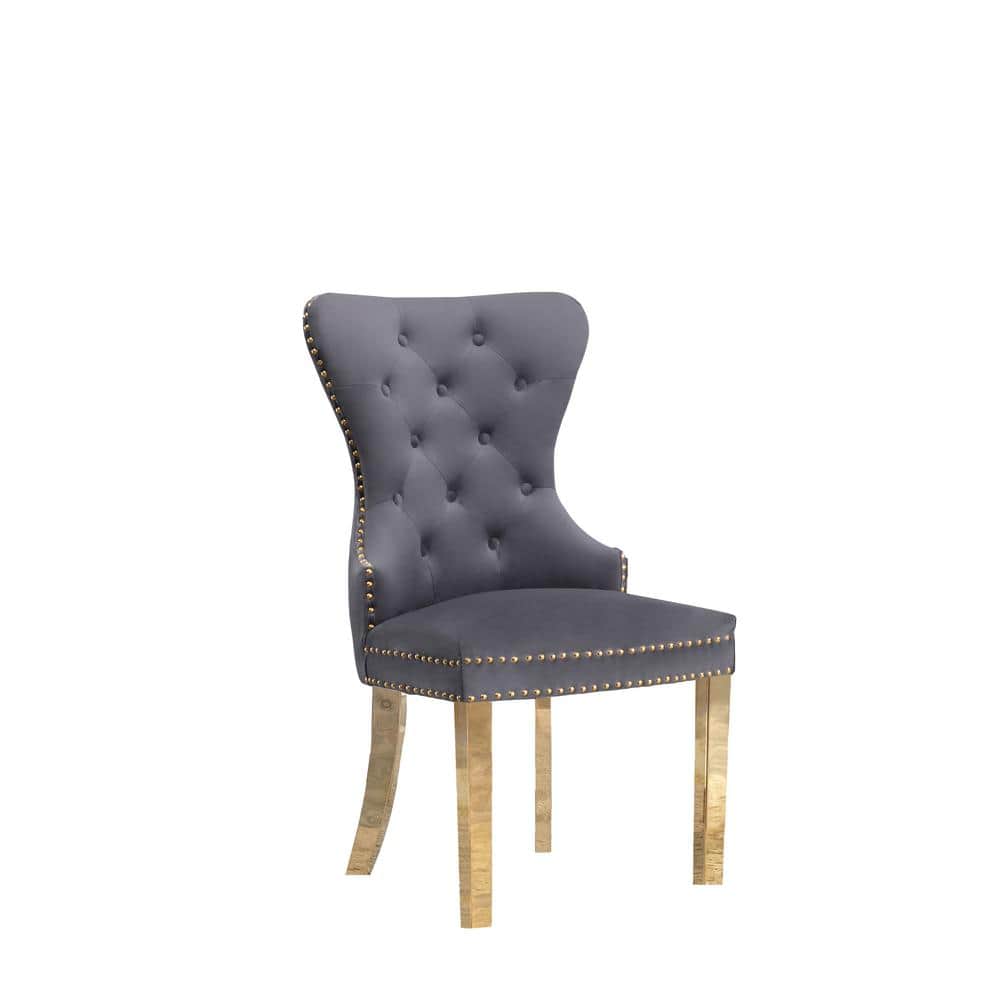 Elegant Dark Grey Velvet Tufted Side Chair with Gold Metal Legs
