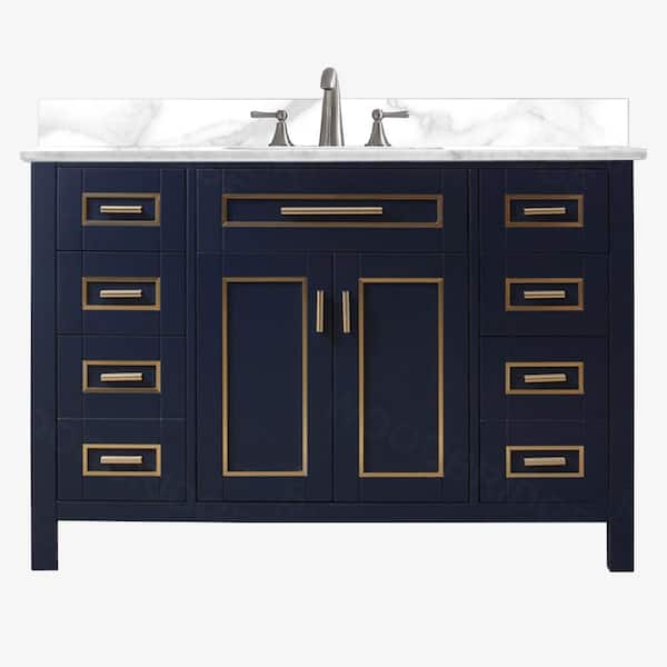 WOODBRIDGE Millan 49 in.W x 22 in.D x 38 in.H Bath Vanity in Navy Blue with Fish Belly Engineered stone Vanity Top with White Sink