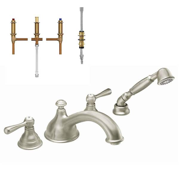 MOEN Kingsley 2-Handle Deck-Mount Roman Tub Faucet with Handshower in Brushed Nickel (Valve Included)