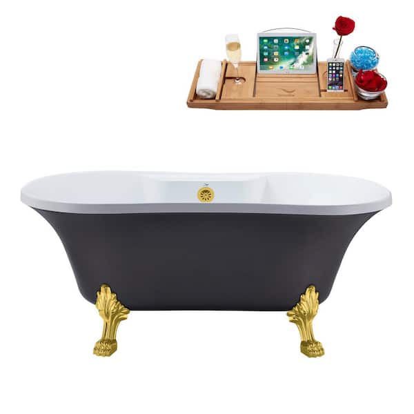 Streamline 60 in. Acrylic Clawfoot Non-Whirlpool Bathtub in Matte Grey With Polished Gold Clawfeet And Polished Gold Drain