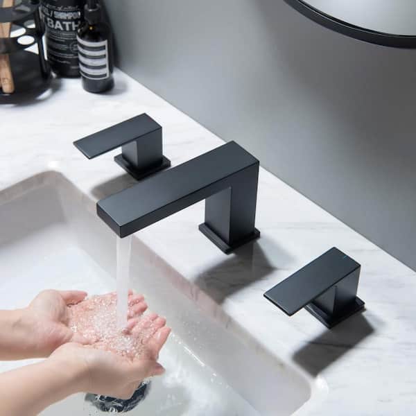 Single Hole Dual Handles Cube 8 in. Bathroom Sink Widespread Faucet with Drain Assembly Matte Black