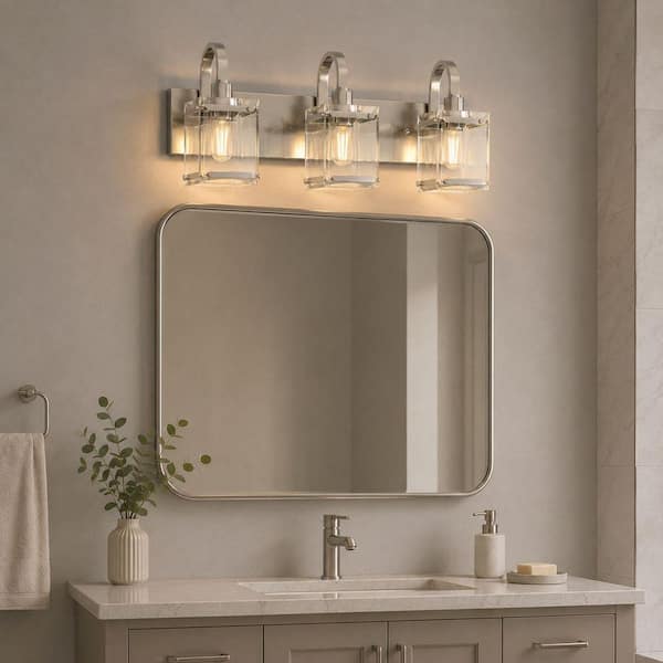 24 in. 3-Light Modern Brushed Nickel Rectangle Vanity Light Bathroom Fixture with Glass Shade for Mirror or Dressing