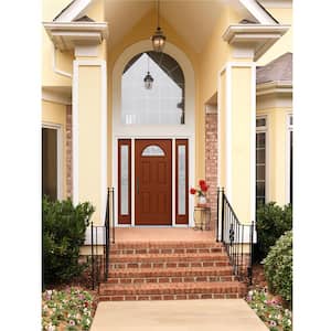 60 in. x 80 in. Right-Hand Fan Lite Decorative Glass Caldwell Mesa Red Fiberglass Prehung Front Door W/Sidelites