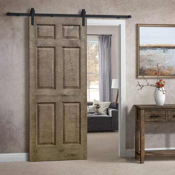 CALHOME 30 in. x 80 in. Vintage Brown Stain Composite MDF 6 Panel Interior Sliding Barn Door with Hardware Kit