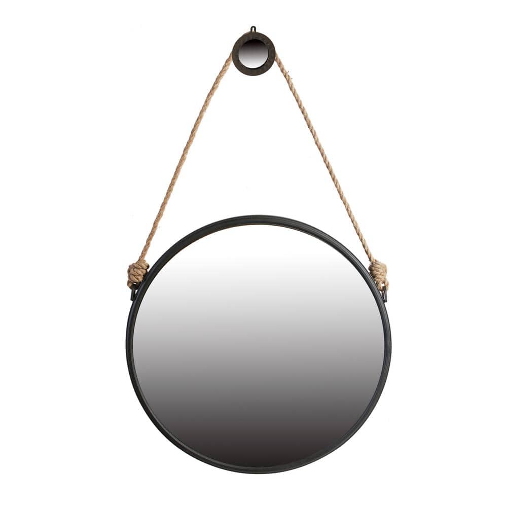 Black 29. 5 in. W x 29.5 in. H Entryway Round Metal Framed Mirror Rope Stra