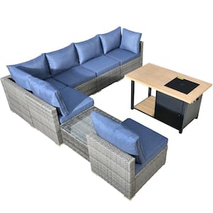 Messi Gray 8-Piece Wicker Outdoor Patio Conversation Sectional Sofa Set with a Storage Fire Pit and Denim Blue Cushions