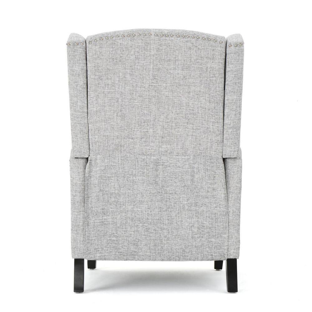 Back view of a light gray fabric upholstered wingback recliner.