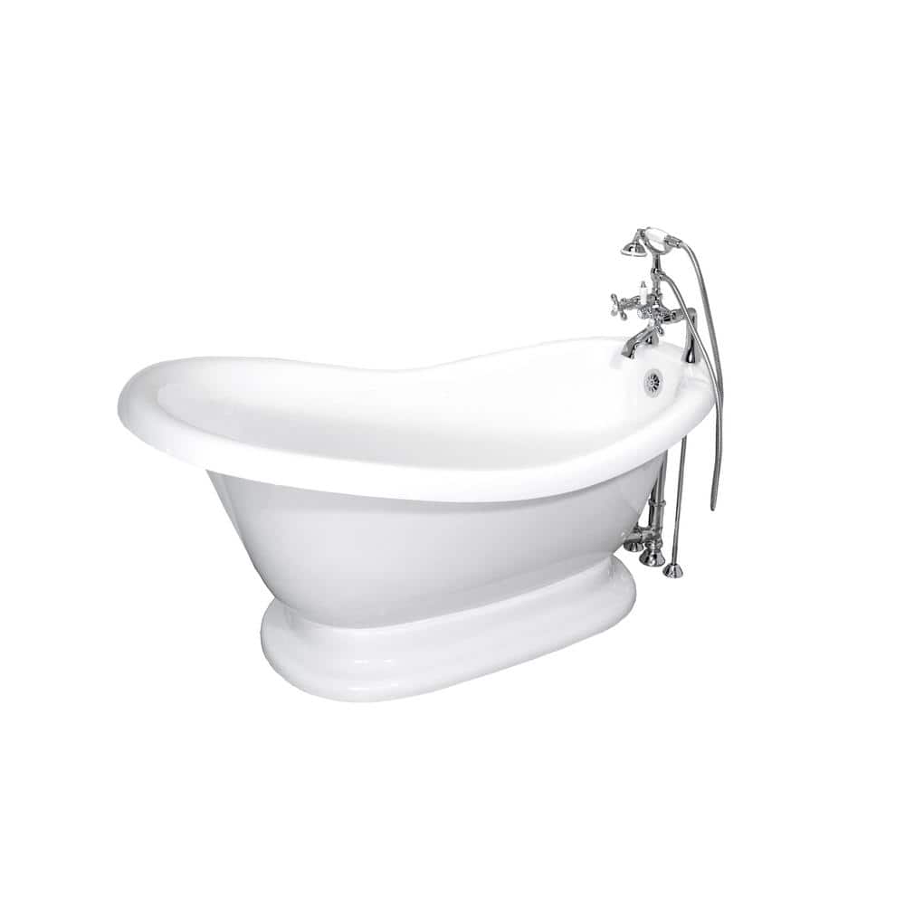 American Bath Factory 71 in. AcraStone Acrylic Slipper Pedestal Flatbottom Non-Whirlpool Bathtub in White w/ Faucet in Chrome, White/Chrome -  BA-SPD71-900ACH