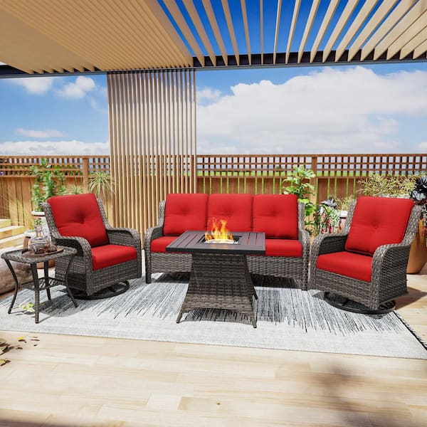 5-Piece Fire Pit Table Patio Sets Wicker Patio Conversation Set with Swivel Rocking Chair Red Cushions