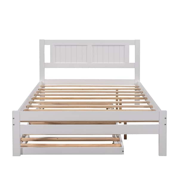 ANBAZAR White Full Size Platform Bed with Extendable Twin Size Trundle Wood Kids Platform Bed Frame with Adjustable Trundle Bed