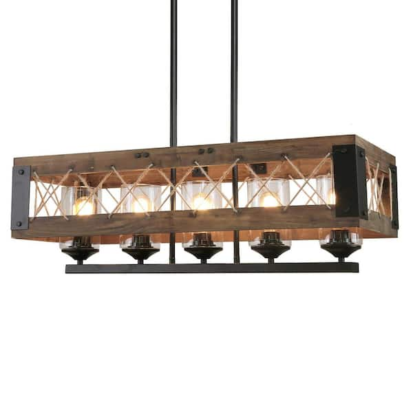 Lnc Modern Farmhouse Chandelier Black Rectangular Dining Room Chandelier 5 Light Kitchen Island Natural Wood Pendant Light A03145 The Home Depot