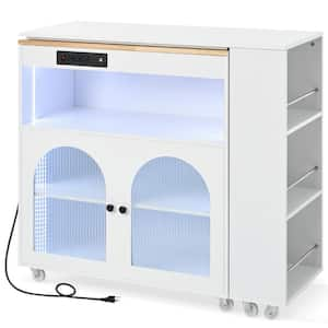 Unlock White Extended Rubber Wood Tabletop 56.3 in. Kitchen Island with LED Lights, Power Outlets and Fluted Glass Doors